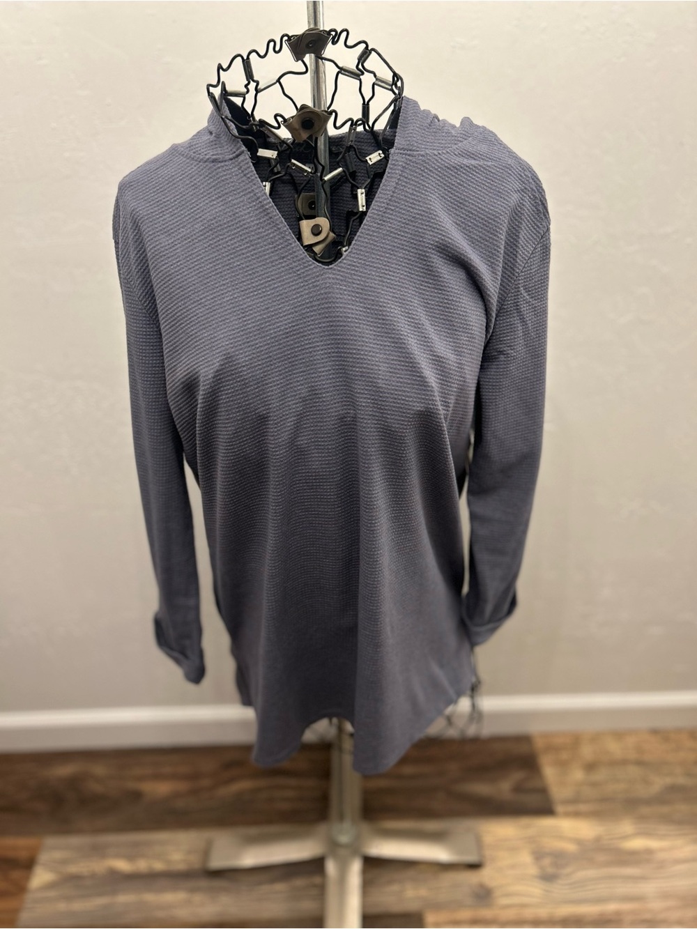 North River Waffle Knit Hoodie Blue/Gray Long Sleeve Lightweight V‎ Neck S NWT